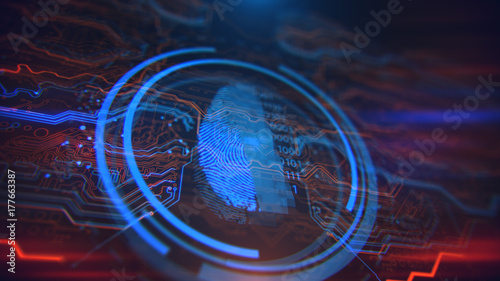Access control. Fingerprint security. Cybersecurity and information technology. Blue, red background with digital integrated network technology. Printed circuit board. Technology background.