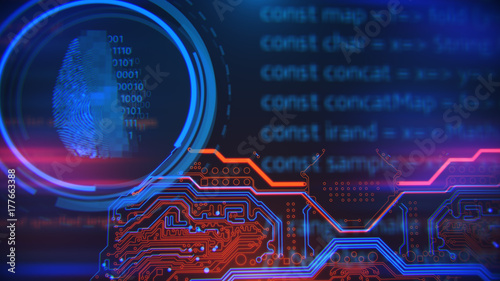 Access control. Fingerprint security. Cybersecurity and information technology. Blue, red background with digital integrated network technology. Printed circuit board. Technology background.
