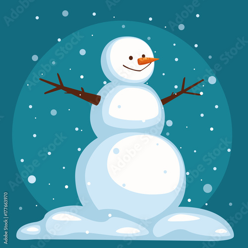 Cartoon Snowman on sky background. Snowman under the snow. The snowman stands in the snow. smiling snowman with open arms. vector illustration