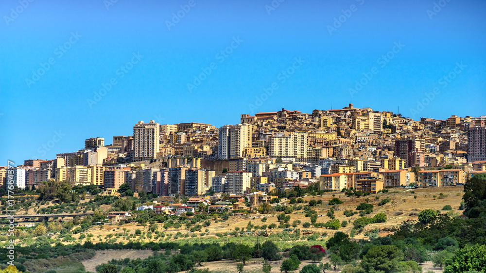 Agrigento, Sicily. View on the town of Agrigento from Temples Valley. Cityscape of the italian city