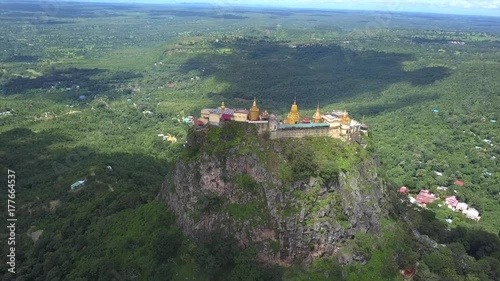 Aerial view from the drone on the Mount Popa,home of Nat the Burmese mythology ghost this place is the old volcano in Bagan, Myanmar