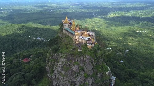 Aerial view from the drone on the Mount Popa,home of Nat the Burmese mythology ghost this place is the old volcano in Bagan, Myanmar