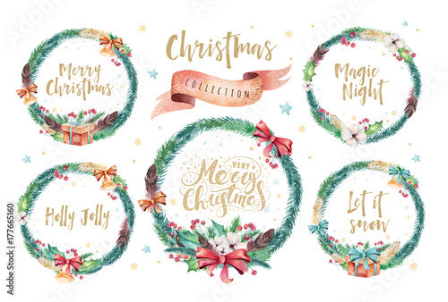 Merry Christmas watercolor cards with floral elements. Happy New Year lettering posters. Winter xmas flower and branch wreath decoration.