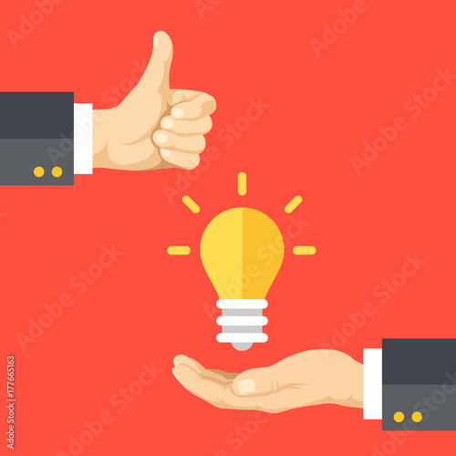 Hand holding light bulb, hand with thumbs up. Great idea, innovative solution, business, creative idea concept. Flat design graphic elements. Vector illustration