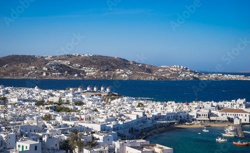 Panoramic view over the town of Mykonos Island in Greece at sunny day