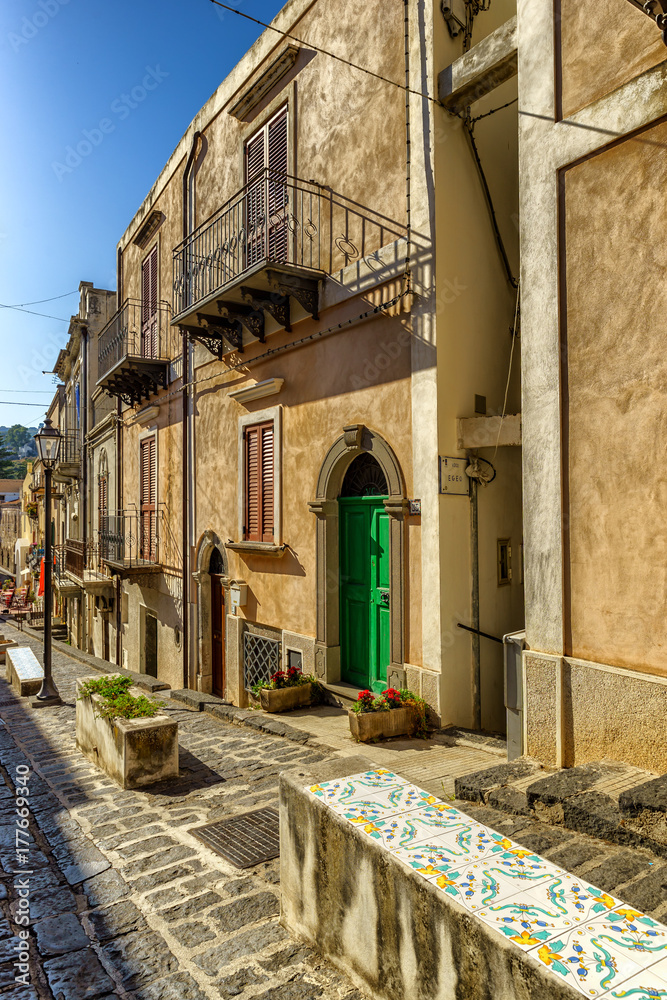 Lipari old town narrow street, Lipari island, Sicily, Italy