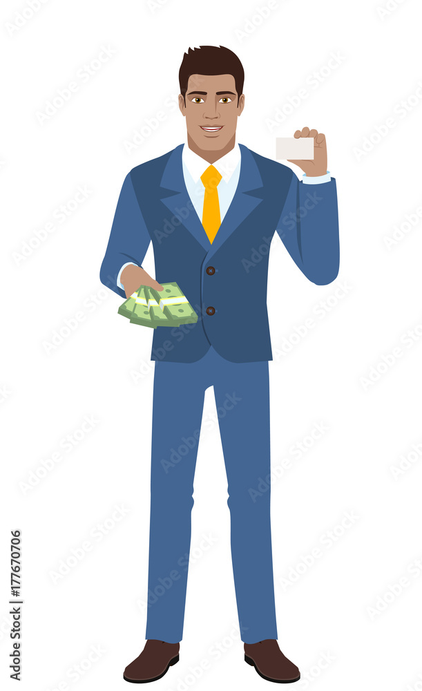 Businessman with cash money showing the business card Businessman with cash money showing the business card