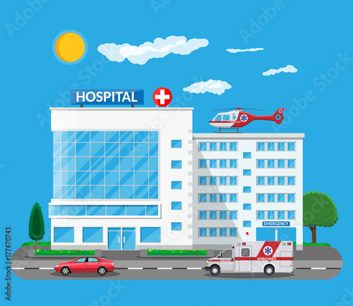 Hospital building, medical icon.