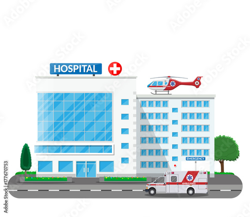 Hospital building, medical icon.