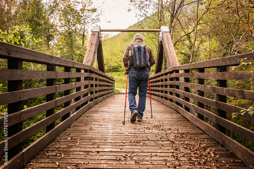 hike man with backpack walking in forest nature outdors bridge. photo