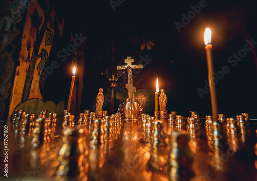 Church interior. Candles light. Abstract background.
