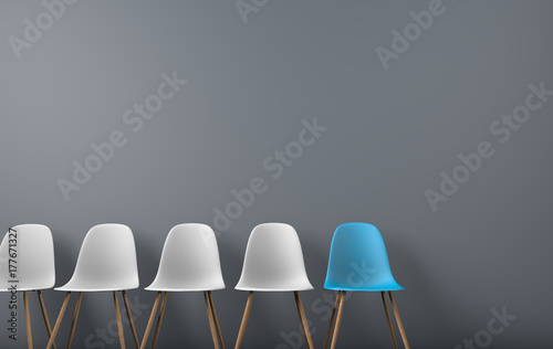 Row of chairs with one odd one out. Job opportunity. Business leadership. recruitment concept. 3D rendering photo