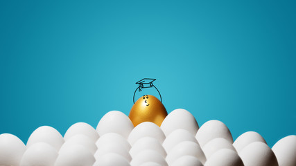 Concept of education, online education, achieving the goal, success and ambition. A smiling golden egg with funny drawn face and with a graduation hat cap on his head white eggs on blue background.
