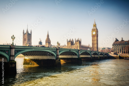 Big Ben and westminster bridge in London at autumn