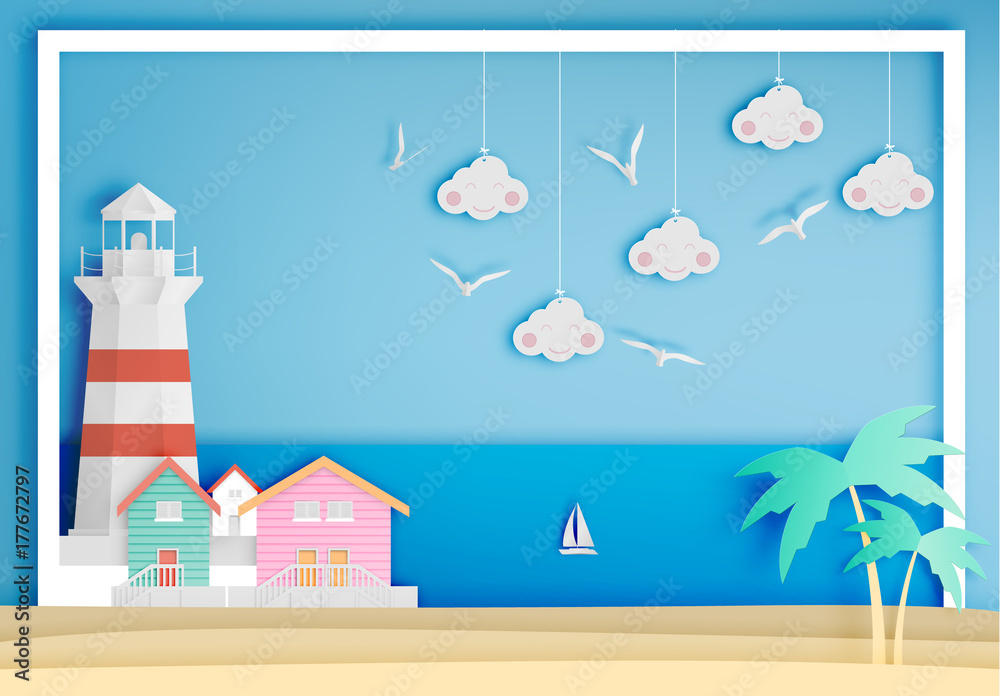 Lighthouse with ocean background frame paper art
