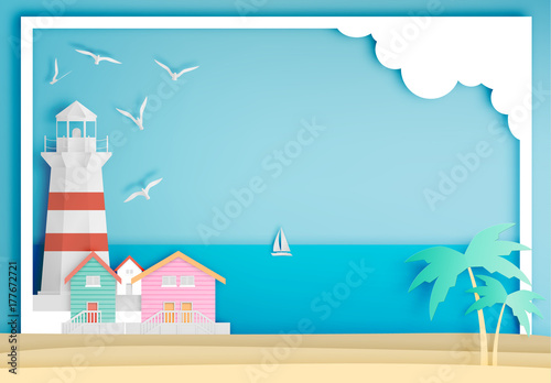 Lighthouse with ocean background frame paper art
