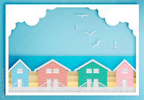 Beach house with ocean background frame paper art