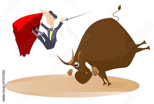 Bullfighter and the rage bull isolated. Bull raised the bullfighter by horns illustration
