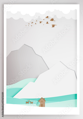 Small wood house with moutain backgroud paper art style