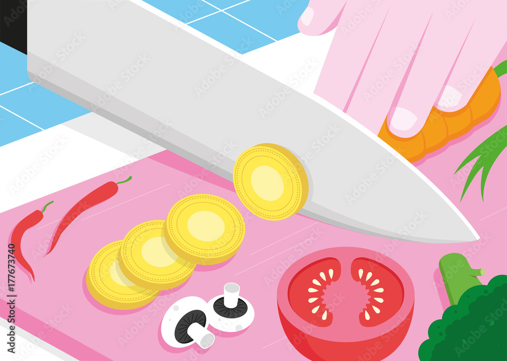 Illustration of cutting board with food and money Illustration of cutting board with food and money