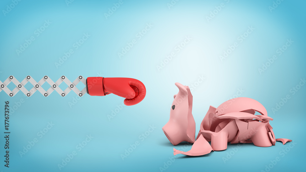 3d rendering of red boxing glove on an extendable scissor arm stays near a broken piggy bank on a blue background.