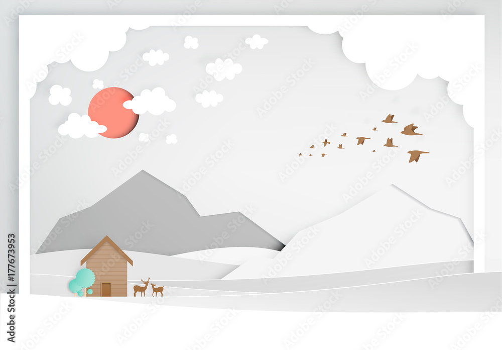 Small wood house with moutain backgroud paper art style Small wood house with moutain backgroud paper art style
