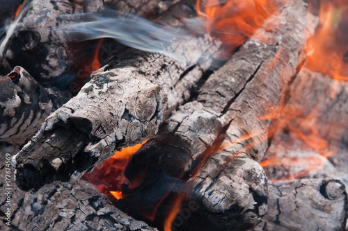 burning fire from thick bushes, visible fire and rising smoke