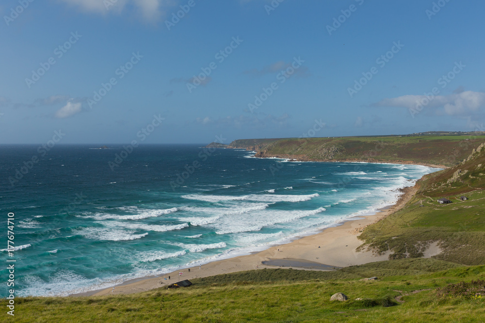 Sennen Cove Cornwall coast near Land`s End tourist attraction the first village to the north with blue sky
