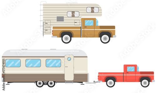 Set of houses on wheels on a white background. House-trailer. Vector illustration