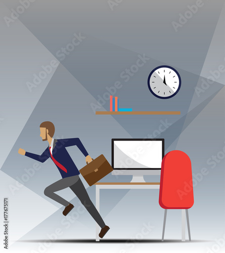 Men run out from the workplace in rush hour