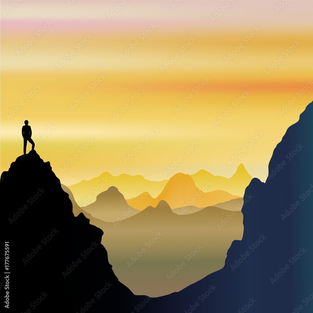 On Top of the World - Lonely Man on Mountains Landscape 