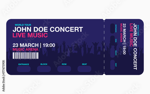Concert ticket template. Concert, party or festival ticket design template with people crowd on background