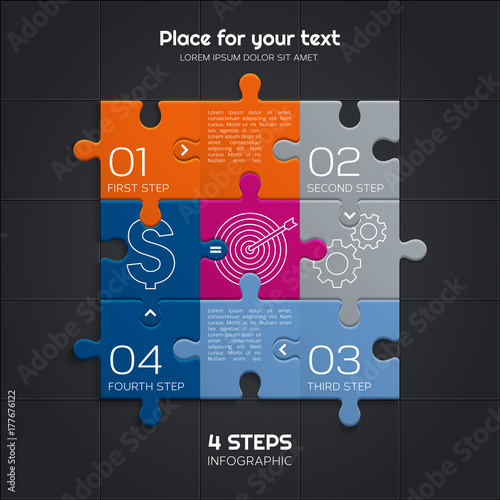 Modern business infographic for your presentation. Four steps to success. Puzzle pieces. Vector.