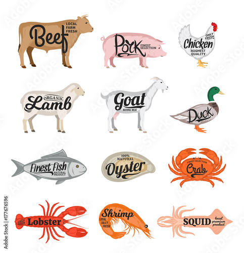 Vector farm animals and seafood collection. Butcher shop and seafood shop icons