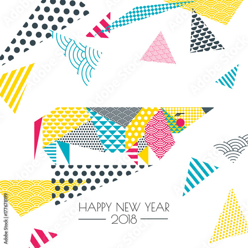 Vector color illustration of dachshund dog with patchwork geometric triangle texture. Creative New Year greeting card, poster, banner design elements. Chinese calendar decoration.