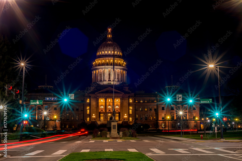 Idaho state capital building at night with street lights