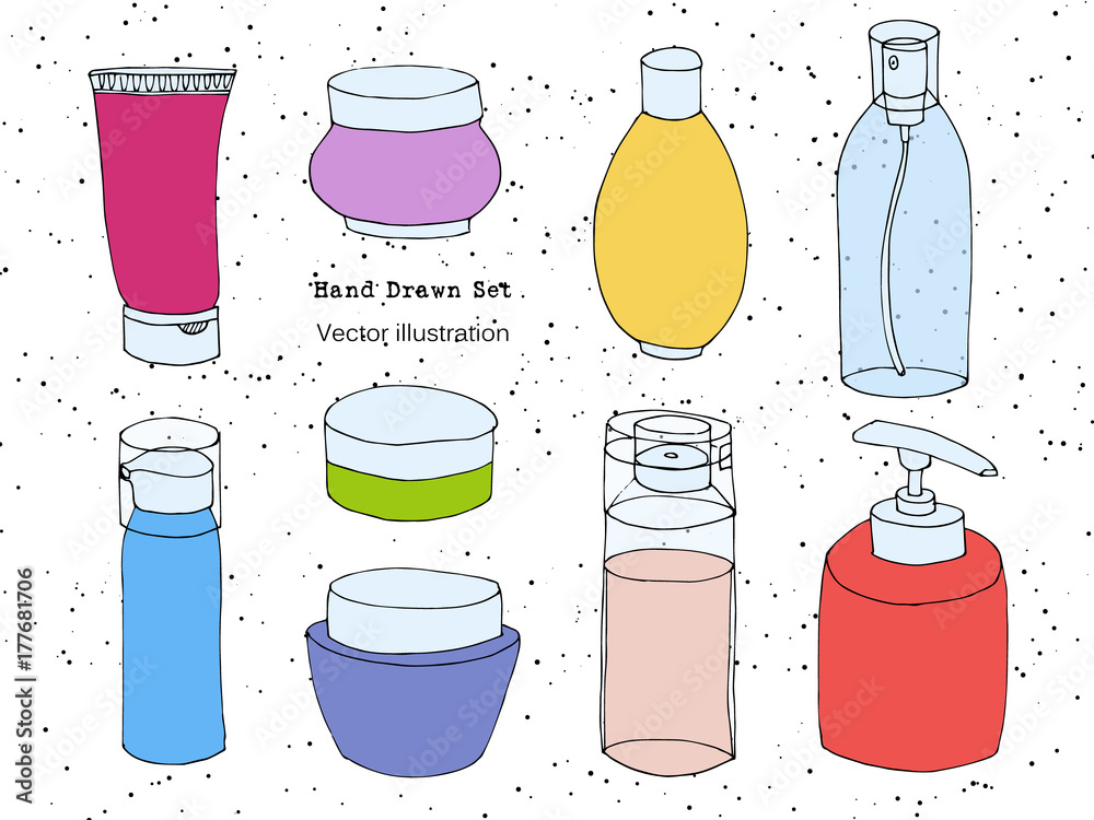 Hand drawn body care, cosmetic, beauty products vector illustration set in cartoon style. Colorful Soap bottle, containers and tubes for cream, lotion, shampoo, gel, balsam, conditioner, spray doodle. Stock Vector | Adobe Hand drawn body care, cosmetic, beauty products vector illustration set in cartoon style. Colorful Soap bottle, containers and tubes for cream, lotion, shampoo, gel, balsam, conditioner, spray doodle. Stock Vector | Adobe