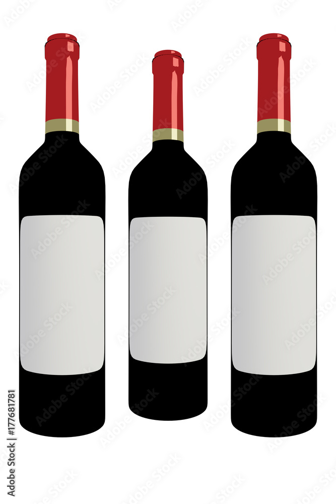 3D rendering of Three red wine bottles on white background 3D rendering of Three red wine bottles on white background