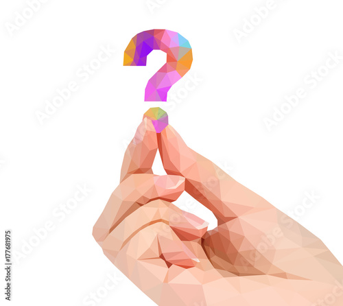 polygonal hand studio photo keeps question mark in the fingers