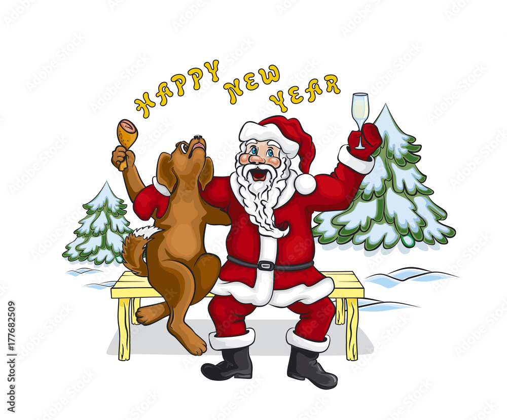 Obraz premium Santa Claus and the dog are singing. They sit on a bench.