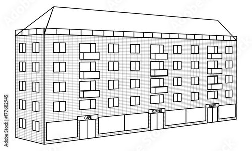 Image of a brick five-story building. Secondary housing. A picture for design, for real estate agencies, for stoic companies. Vector eps10.