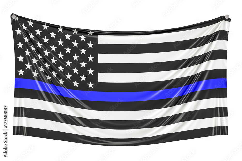 Obraz premium Thin Blue Line. Black Flag of USA with Police Blue Line hanging on the wall, 3D rendering