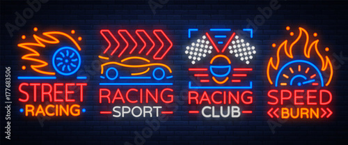 Racing neon logos pattern. A glowing sign on the theme of the races. Neon signs, light night banner. Vector illustration
