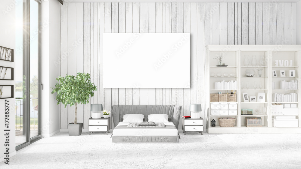 Fototapeta premium Fashionable modern loft interior with empty frame and copyspace in horizontal arrangement. 3D rendering.