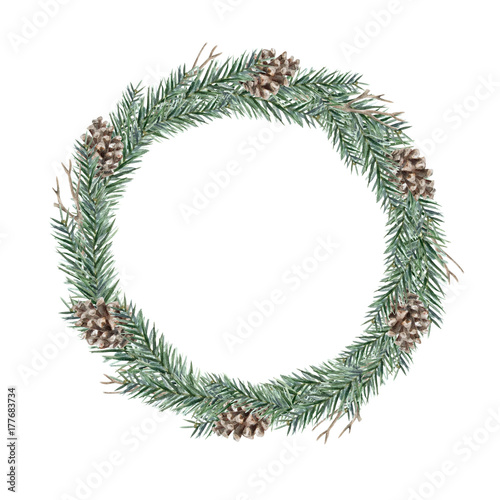 Watercolor Christmas wreath of fir branches and cones on a white background. Coniferous frame for your holiday, wishes and design