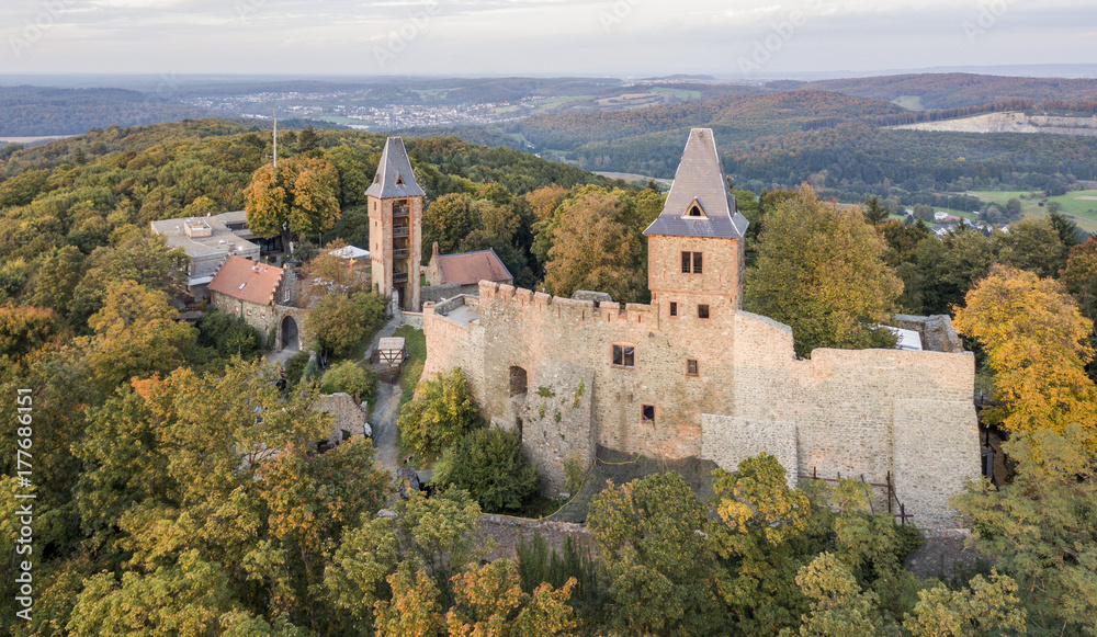 Aerial view of Frankenstein Castle in southern Hesse, Germany