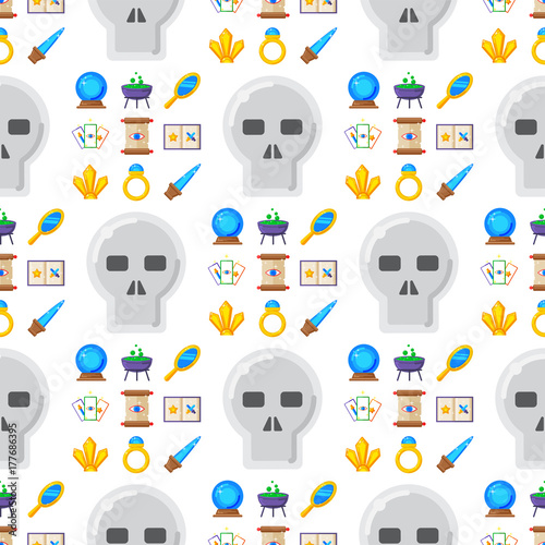 Special magic seamless pattern background magician fantasy carnival mystery tools cartoon miracle decoration vector illustration.