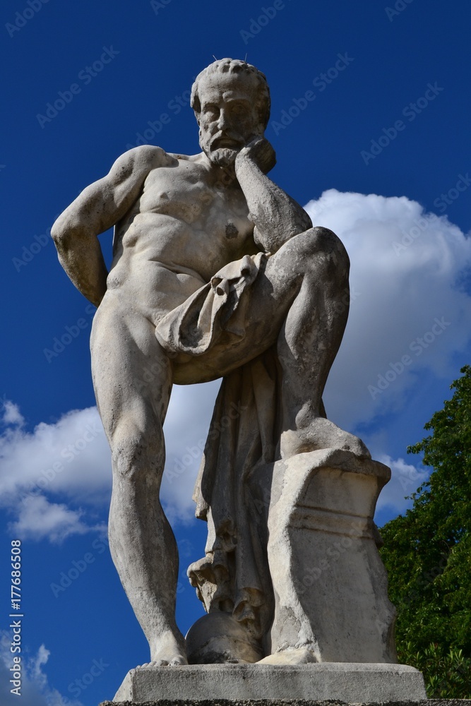Inspirational statue of Gaius Marius, Consul of the Roman Republic, looking to the Ruins of Carthage,  tourist attraction in Luxembourg Garden, Paris, France