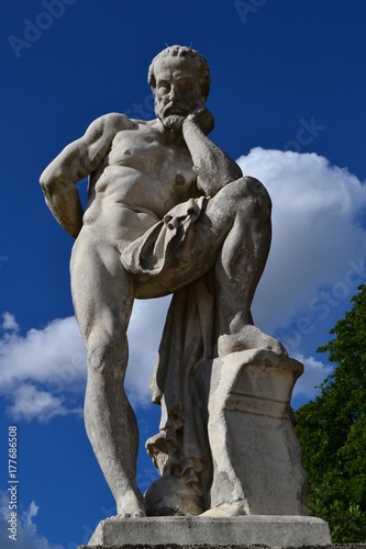 Inspirational statue of Gaius Marius, Consul of the Roman Republic, looking to the Ruins of Carthage, tourist attraction in Luxembourg Garden, Paris, France