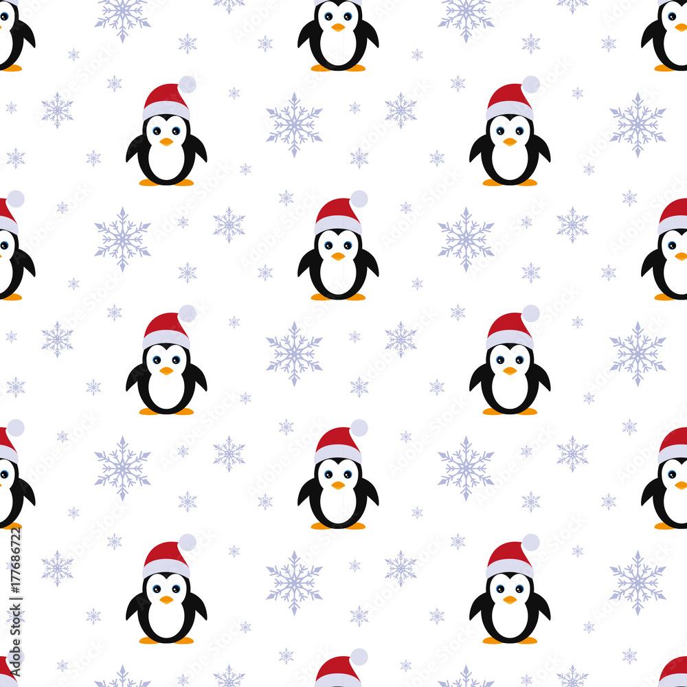 Penguin in Santa hats. Snowfall. Seamless pattern. Vector. Flat.